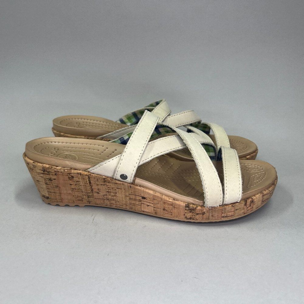 Crocs A-Leigh Sandals‎ Women's Size 9 Cream Leather Strap Cork Wedge Flip Flops